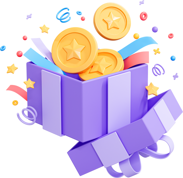 Gift box with coin and confetti